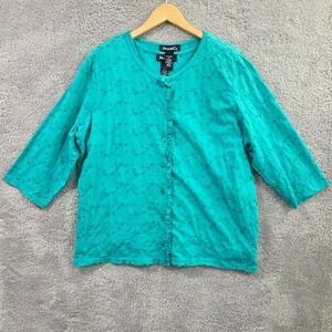 Denim & Co. Women's XL Turquoise Cardigan/Tank Set Floral Embroidery 3/4 Sleeves